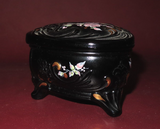 Vintage Fenton Black Glass Heart Shaped Trinket Box Hand Painted by A. Russell