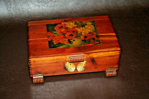 Vintage Redwood 9x6x3" Flip-Lid Jewelry Trinket Box w/ Butterfly & Flower Decor