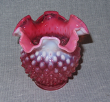 Vintage Fenton Style Round Cranberry & White Hobnail Art Glass Vase w/ Wavy Lip