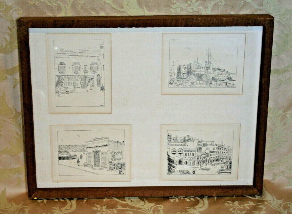 Vintage 25x19" Framed Set of 4 Sausalito, CA Street Scene Drawing Prints by Faye