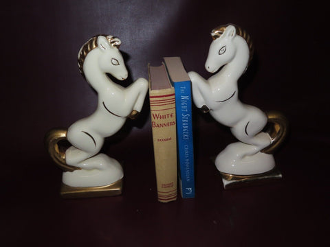 Vintage Pair 10.5" Tall Art Deco White Porcelain & Gilt Horse Bookend Figures