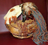 Vintage Large SW Native American Style Hand Made Twig Bark Feather & Fur Basket