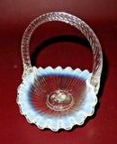 Vintage Small 5" Fenton Clear to White Wavy Lip Twist Handle Art Glass Basket