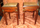 Pair Antique French Carved Oak Marble Top Nightstands w/ Brass Accents c. 1900