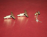 Vintage 3-pc Set Gold Plated 1" Oval Cufflinks & 0.5" Tie Tack w/ Chain