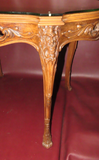 Antique Highly Carved French Marquetry Inlaid Wood Occasional Table w/ Glass Top