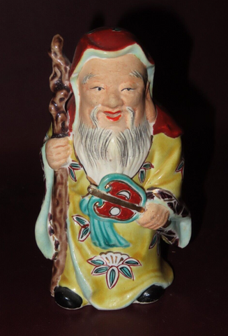 Vintage 6" Tall Hand Painted Japanese Robed Buddha Figure Khakkara Staff & Fan