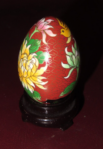 Vintage Asian Style Red Cloisonne Brass Egg w/ Floral & Bird Decor on Wood Stand