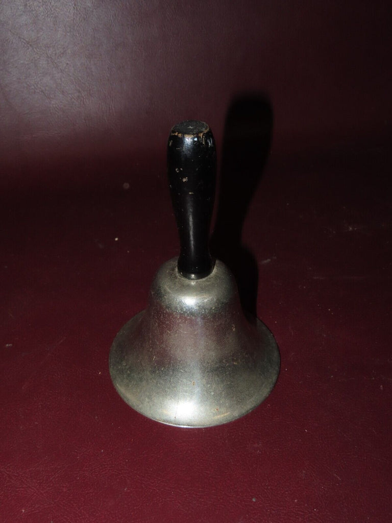 Antique 5" Long Nickel Plated School House Dinner Call Bell w/ Black Handle