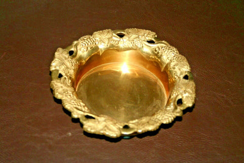 Ornate 6.5" Brass Ashtray Bowl w/ Grape & Leaf Decor Rim - Made in India