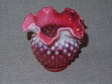 Vintage Fenton Style Round Cranberry & White Hobnail Art Glass Vase w/ Wavy Lip
