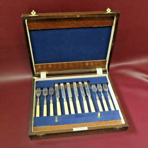 Vintage James Walker 12-pc Hallmarked Fish Knife & Fork Set in 14x11" Wood Case