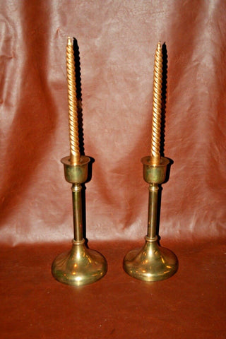 Pair Large Vintage Brass Candlesticks w/ Decorative Painted Gold Twist Candles