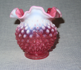 Vintage Fenton Style Round Cranberry & White Hobnail Art Glass Vase w/ Wavy Lip