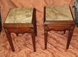 Pair Antique French Carved Oak Marble Top Nightstands w/ Brass Accents c. 1900