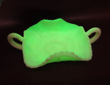 Vintage Fenton White Green Double Handle Vaseline Uranium Butterfly Glass Dish