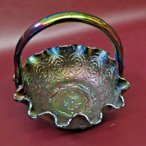 Vintage Fenton Amethyst Carnival Art Glass 8" Persian Medallion Wavy Lip Basket