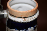 Vintage German Flip Lid 9.5" Pottery Musical Stein w/ Pub & Castle Scene
