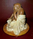 Vintage Chinese Signed Hand Sculpted 8" Beaded & Glazed Bisque Buddha Sculpture