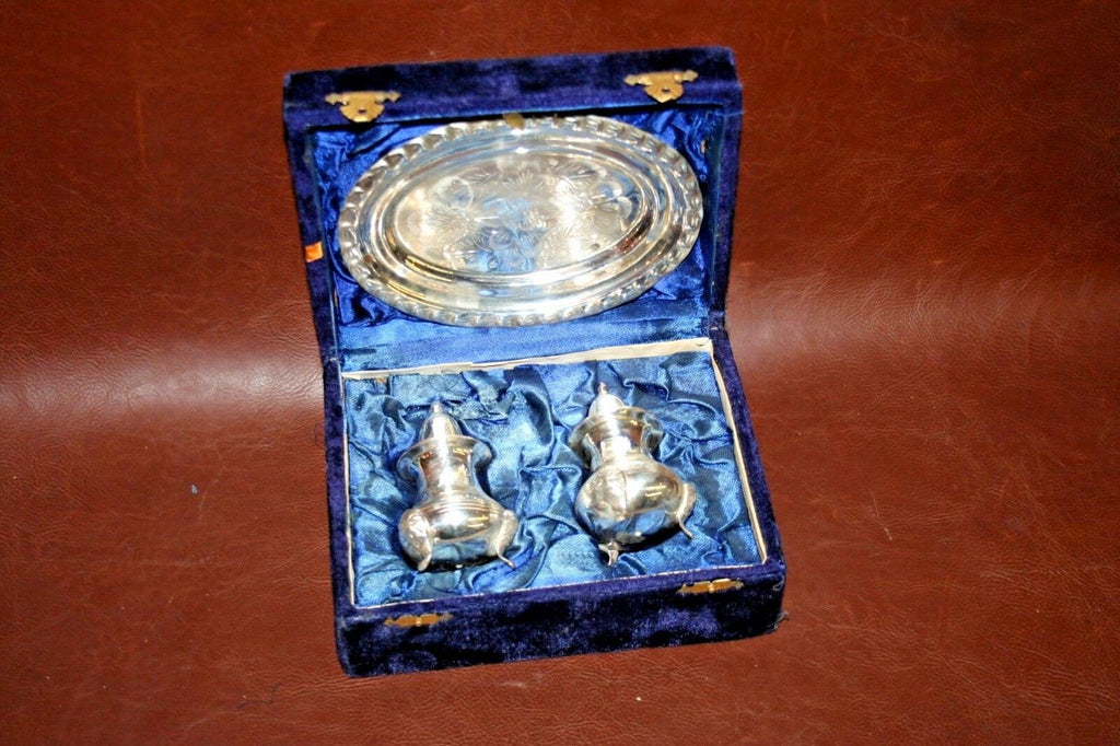 Vintage 3-pc Set - Silverplate on Brass Salt & Pepper Shaker & Tray in Lined Box