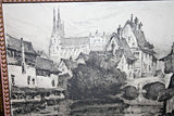 Antique Wood Framed Original Engraving of Canal & Cathedral Scene w/ Wheel Mark