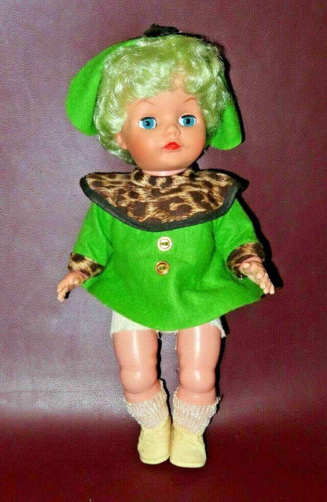 Collectible 12" Tall Kaysam Drinks & Wets Baby Girl Doll in Green Dress w/ Hat