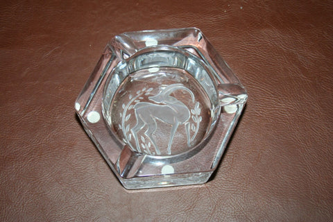 Vintage Solid Heavy 6" Art Glass Ashtray w/ Stag Deer Design - "Sorres, France"