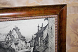 Antique Wood Framed Original Engraving of Canal & Cathedral Scene w/ Wheel Mark