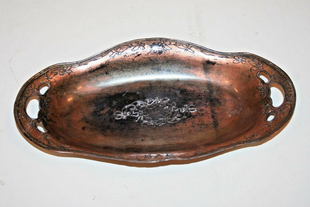 Unique Art Nouveau Style Copper Double Handle Celery Dish - Etched Floral Design