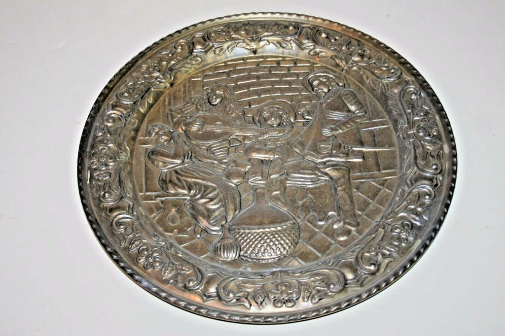 European Style 17" Round Hanging Brass Tray Embossed w/ Tavern Pub Scene