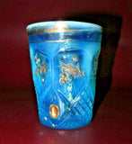 RARE Vintage 4" Translucent Blue Cut Glass & Gilt Christmas Holly Drinking Glass