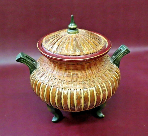 Vintage Southeast Asian Style 8" Tall Hand Woven Rattan Lidded Pot Shape Basket