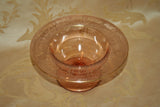 Antique Fancy Etched Pink Depression Glass 7x3.5" Gilt Lip Compote Stemmed Dish