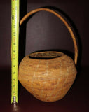 Vintage 13" Tall African Style Round Hand Woven Reed Basket w/ Handle