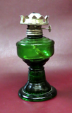 Antique Early 20th Century Small 12" Tall Green Glass Oil Lamp w/ Clear Chimney