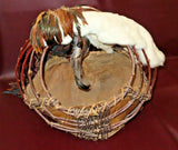 Vintage Large SW Native American Style Hand Made Twig Bark Feather & Fur Basket