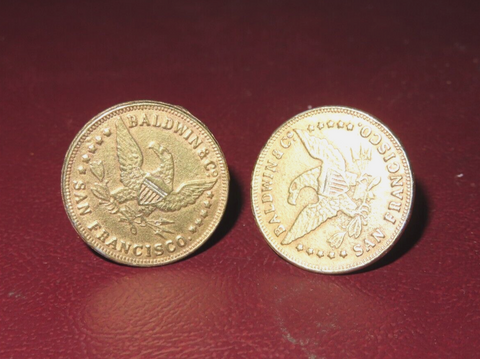 Vintage 1" Replica 1850 California Gold Baldwin & Co Ten Dollar Coin Cufflinks