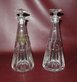 Pair 11" FINE Crystal Liquor Decanters w/ Stoppers & One "Brandy" Brass Emblem