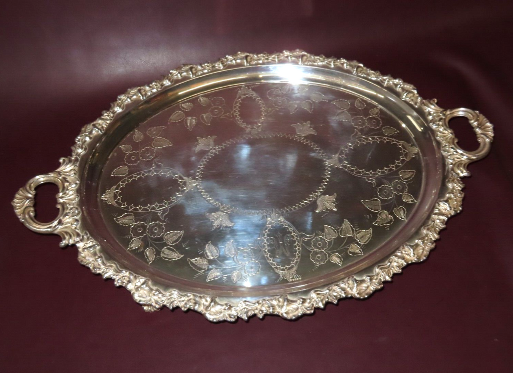 Vintage 25" Long Oval Double Handle Footed Silverplate Serving Platter TJ 29734