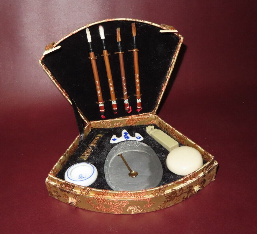 Vintage 11-pc Zhengda Chinese Paint Calligraphy Set Fan Shaped Satin Lined Box