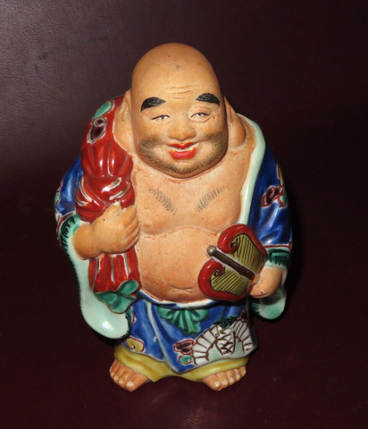 Vintage 6" Tall Japanese Hand Painted Porcelain Kutani Hotei Buddha Figure