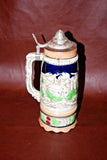 Vintage German Flip Lid 9.5" Pottery Musical Stein w/ Pub & Castle Scene