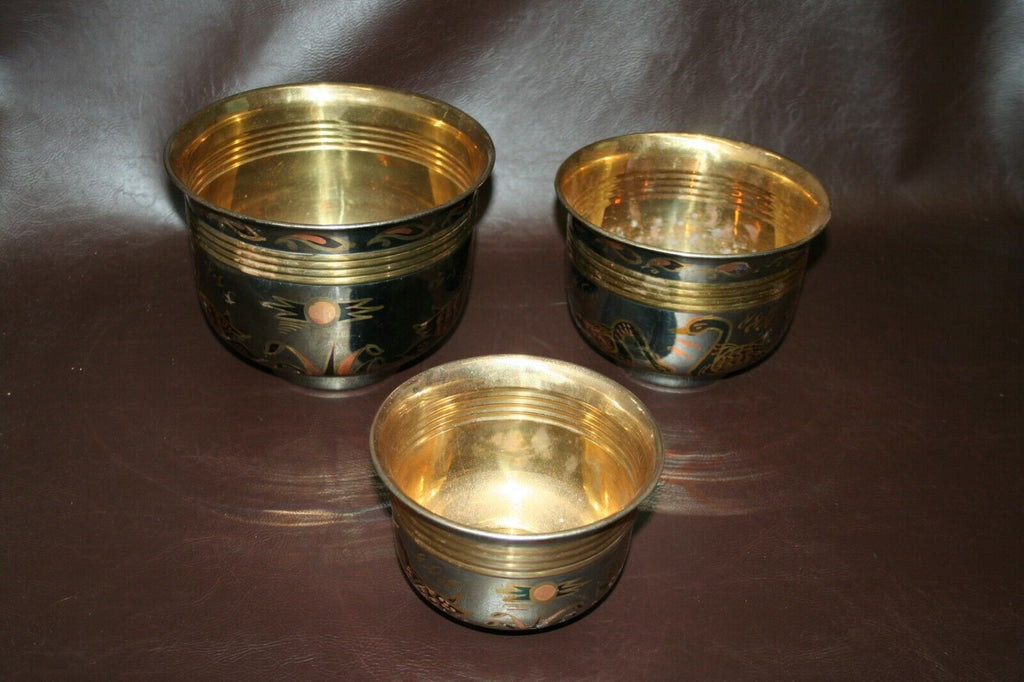 Set of 3 Modern 5-8" Brass Nesting Planter Bowls w/ Swan Decor Images