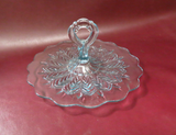 Vintage Center Handle 12" Ruffled Clear Blue Depression Glass Serving Platter