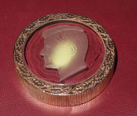 Vintage COLONY PD Imports John F Kennedy JFK 3" Glass Paperweight in Brass Frame