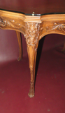 Antique Highly Carved French Marquetry Inlaid Wood Occasional Table w/ Glass Top