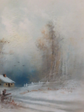 Antique Framed 16x19" Signed Edward T Gibbs Pastel Painting Winter Cottage Scene