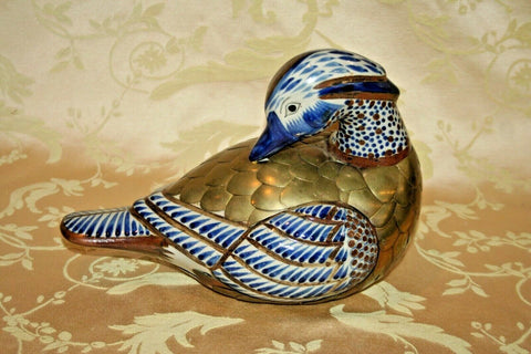 Vintage 11" Hand Painted Porcelain Brass Feathered Decorative Duck Figure