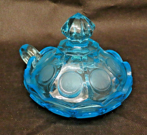 Vintage 5" Fostoria Aqua Blue Coin Torch Nappy Dish w/ Scallop Lip, Handle & Lid