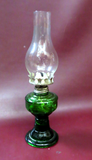 Antique Early 20th Century Small 12" Tall Green Glass Oil Lamp w/ Clear Chimney